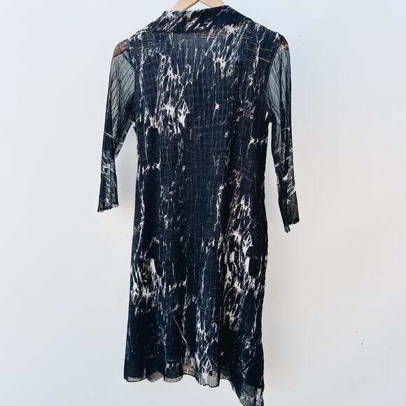 Komarov Black Marble Collared Long Sleeve Charmeuse Crinkle Mini Dress Small - Picture 2 of 10